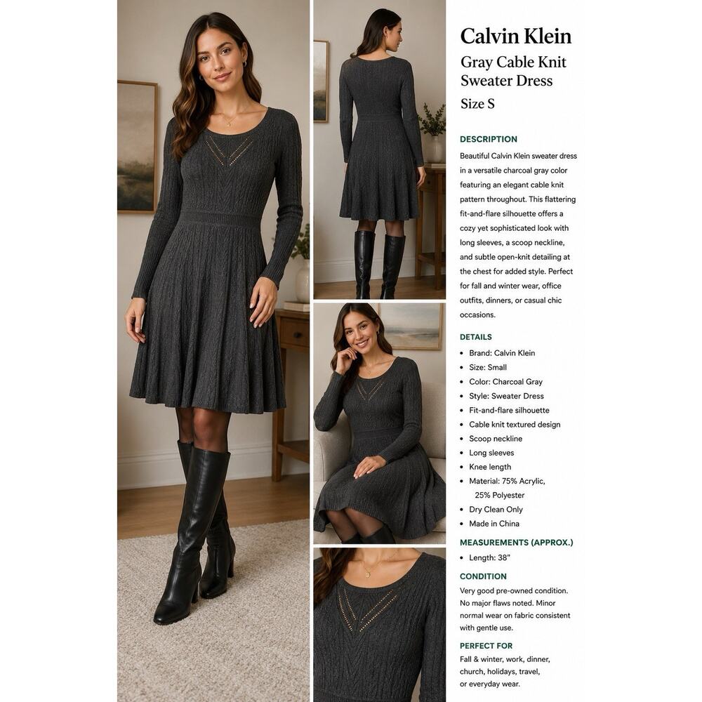 Calvin Klein Gray Cable Knit Sweater Dress Size S